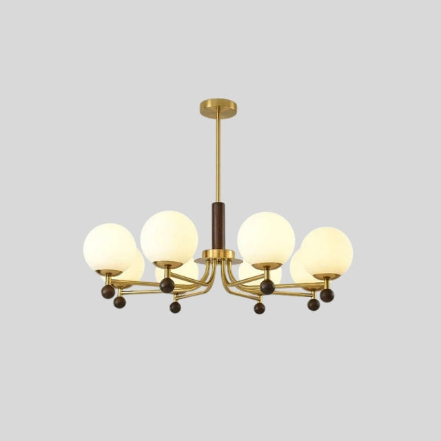 "Isolated Ralie chandelier with iron, wood, and frosted glass globes, centered on a light grey background."