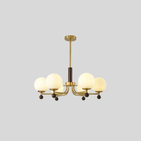 "Isolated Ralie chandelier with iron, wood, and frosted glass globes on a light grey background."