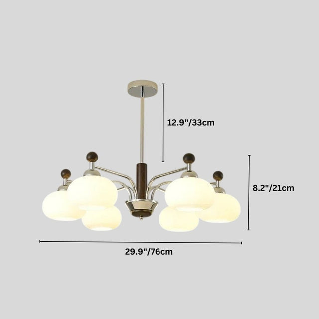 "Ralie chandelier with silver iron, wood, and frosted glass globes with dimensions showing 12.9 inches/33 cm height, 8.2 inches/21 cm glass globe height, and 29.9 inches/76 cm width."