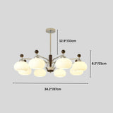 "Ralie chandelier with silver iron, wood, and frosted glass globes with dimensions showing 12.9 inches/33 cm height, 8.2 inches/21 cm glass globe height, and 34.2 inches/87 cm width."