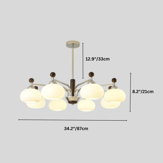 "Ralie chandelier with silver iron, wood, and frosted glass globes with dimensions showing 12.9 inches/33 cm height, 8.2 inches/21 cm glass globe height, and 34.2 inches/87 cm width."