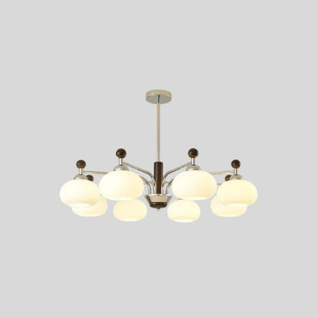 "Isolated Ralie chandelier with silver iron, wood, and frosted glass globes, centered on a light grey background."