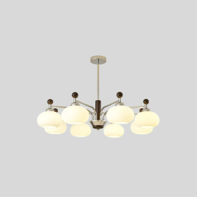 "Isolated Ralie chandelier with silver iron, wood, and frosted glass globes, centered on a light grey background."