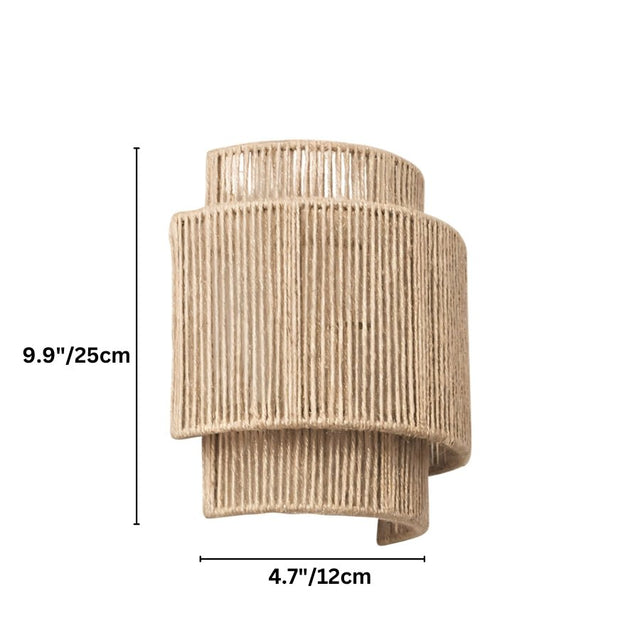 "Dimensions of a layered cylindrical wall lamp made of bamboo, rattan, and hemp rope, suitable for eco-friendly or rustic interiors."