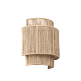 "A layered cylindrical wall lamp made of bamboo, rattan, and hemp rope, isolated on a white background."