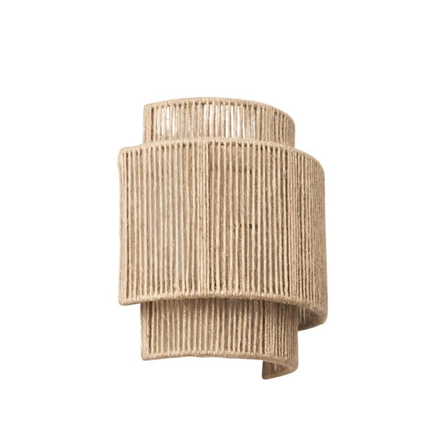 "A layered cylindrical wall lamp made of bamboo, rattan, and hemp rope, isolated on a white background."