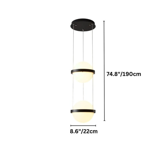 "Dimensions diagram of a modern pendant light with two spherical frosted glass diffusers and iron bands, suspended by cables, showing measurements."