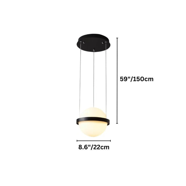 "Dimensions diagram of a modern pendant light with a single spherical frosted glass diffuser and iron band, suspended by cables, showing measurements."