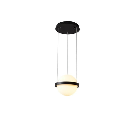 "Modern pendant light with a single spherical frosted glass diffuser encased in a sleek iron band, suspended by thin cables."