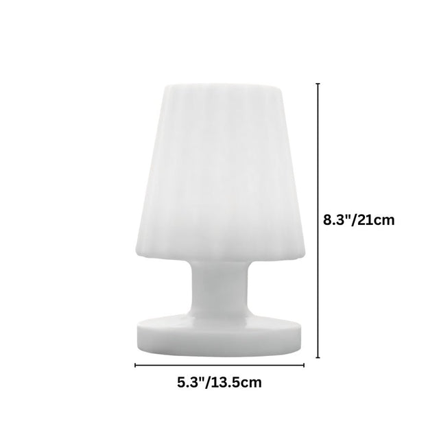 "Dimensions of a compact, cordless table lamp with a fluted shade, made of durable plastic and polyethylene, suitable for indoor and outdoor use."