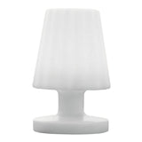 "A modern, minimalist table lamp with a soft, fluted shade, crafted from durable plastic and polyethylene, suitable for indoor and outdoor use."