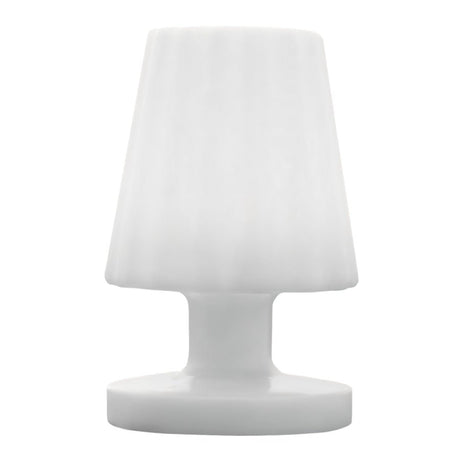 "A modern, minimalist table lamp with a soft, fluted shade, crafted from durable plastic and polyethylene, suitable for indoor and outdoor use."