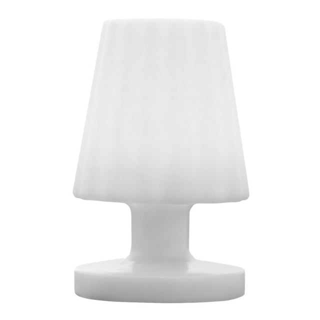 "A modern, minimalist table lamp with a soft, fluted shade, crafted from durable plastic and polyethylene, suitable for indoor and outdoor use."