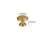 "Dimensions of a solid brass cabinet knob with a cylindrical design and machined detailing, shown with measurements in inches and centimeters."