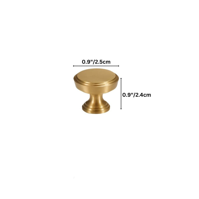 "Dimensions of a solid brass cabinet knob with a cylindrical design and machined detailing, shown with measurements in inches and centimeters."