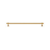 "A long, solid brass pull bar handle with a cylindrical design and machined detailing, on a white background."