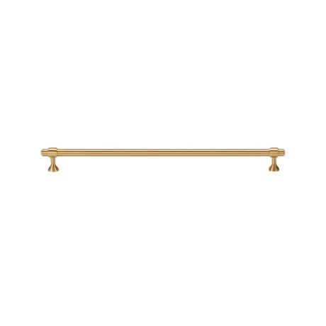 "A long, solid brass pull bar handle with a cylindrical design and machined detailing, on a white background."