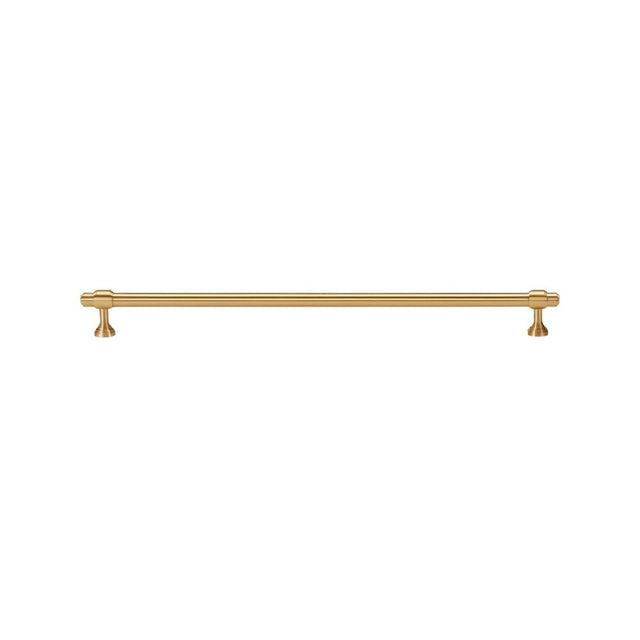 "A long, solid brass pull bar handle with a cylindrical design and machined detailing, on a white background."