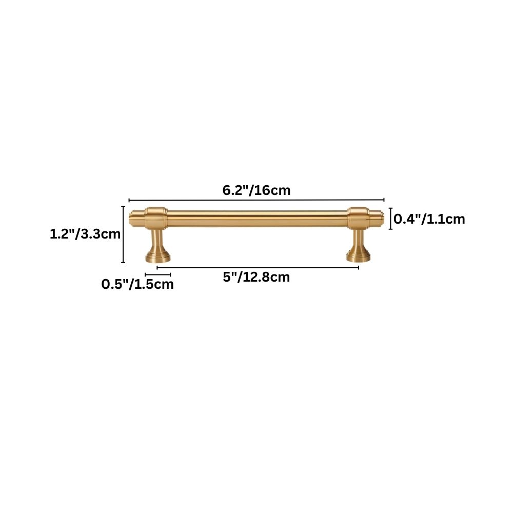 "Dimensions of a solid brass pull bar handle with a cylindrical design and machined detailing, shown with measurements in inches and centimeters."