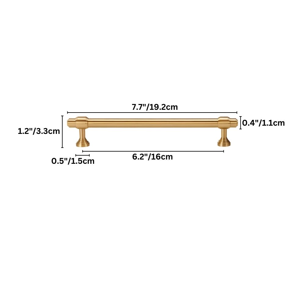 "Dimensions of a solid brass pull bar handle with a cylindrical design and machined detailing, shown with measurements in inches and centimeters."