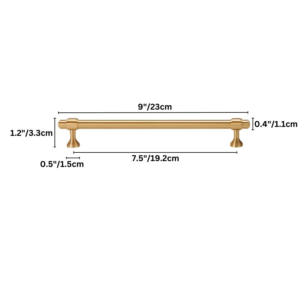 "Dimensions of a solid brass pull bar handle with a cylindrical design and machined detailing, shown with measurements in inches and centimeters."