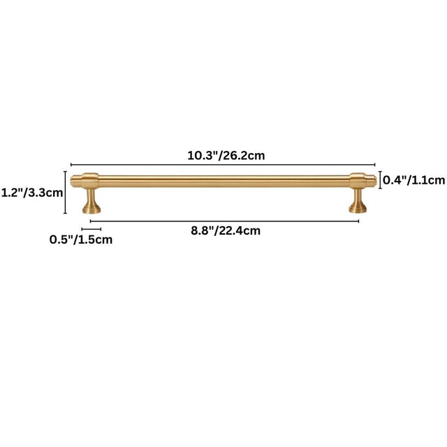 "Dimensions of a solid brass pull bar handle with a cylindrical design and machined detailing, shown with measurements in inches and centimeters."