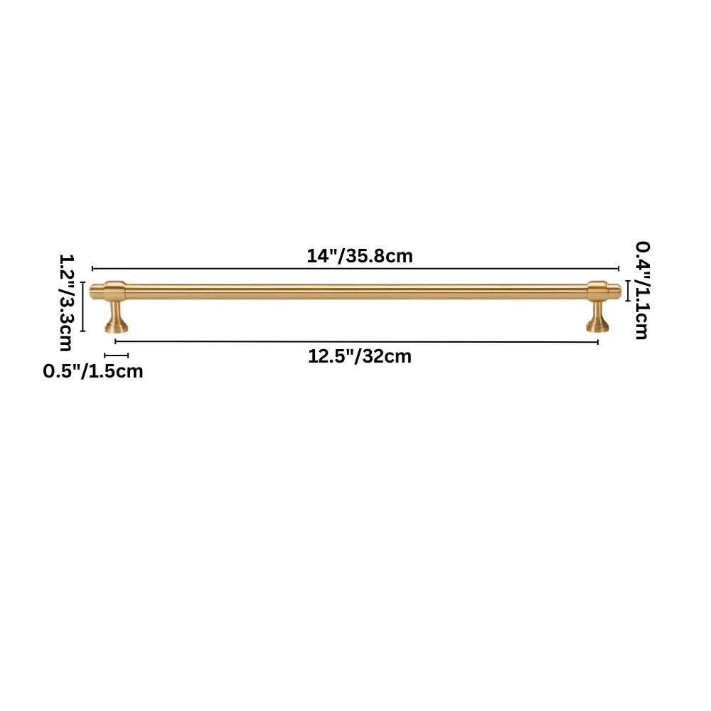 "Showing dimensions in inches and centimeters for a solid brass pull bar handle with a cylindrical design and machined detailing."