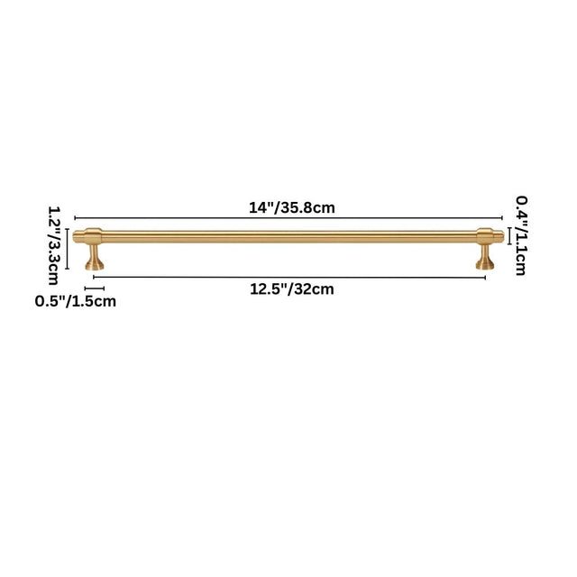 "Showing dimensions in inches and centimeters for a solid brass pull bar handle with a cylindrical design and machined detailing."