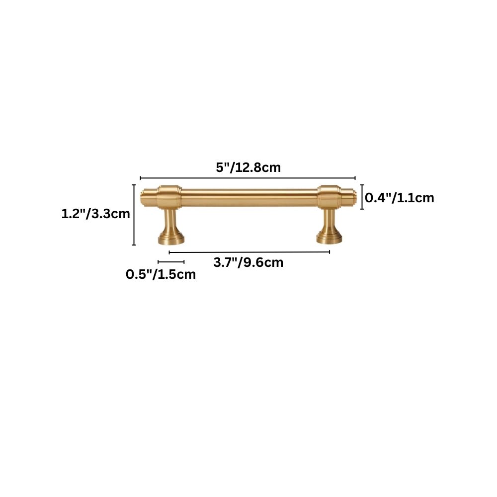 "Dimensions of a solid brass pull bar handle with a cylindrical design and machined detailing, shown with measurements in inches and centimeters."