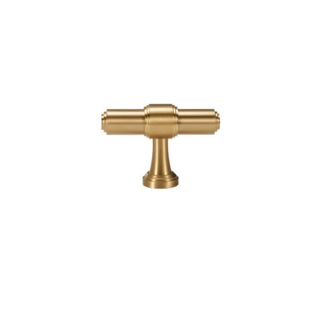 "A single solid brass t-bar knob handle with a cylindrical design and machined detailing, isolated on a white background."