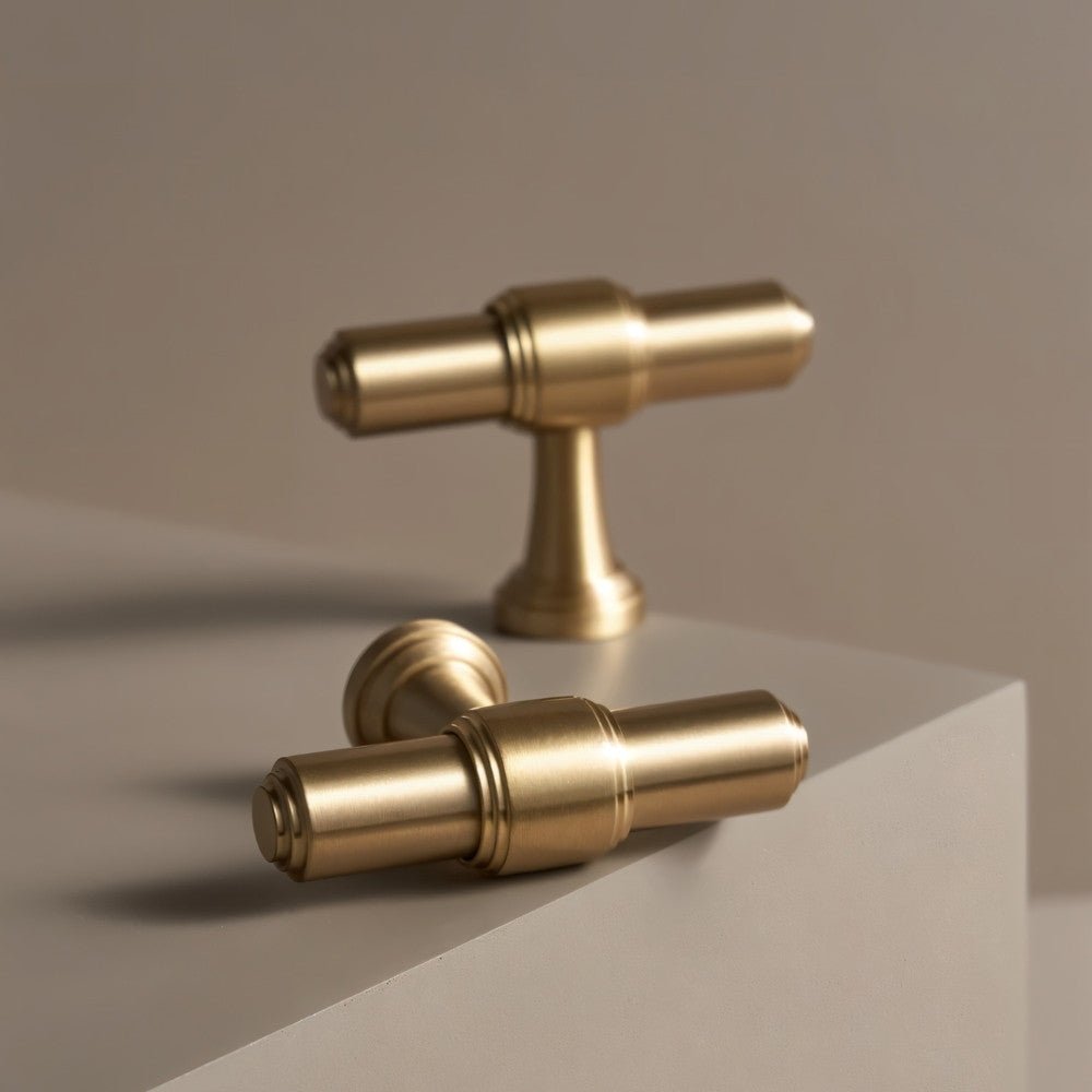 "Two solid brass t-bar knobs and pull handles with a cylindrical design and machined detailing."