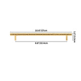 "Dimensions of a hammered brass pull bar with a textured, artisanal design, labeled with measurements for accurate installation."