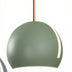 Sage green ceramic pendant light with copper cord hanging against white background.