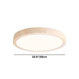 "Dimensions of a minimalist, natural travertine ceiling light with a frosted acrylic diffuser."
