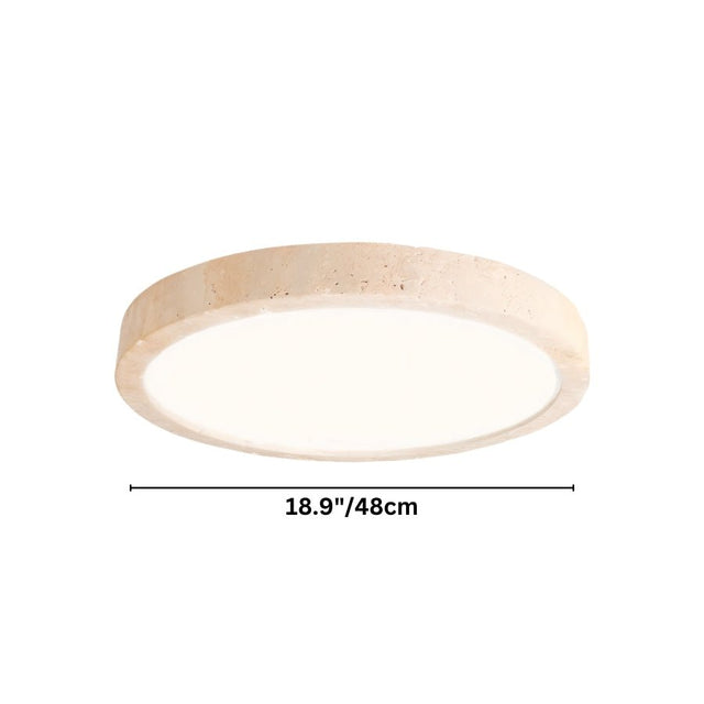 "Dimensions of a minimalist, natural travertine ceiling light with a frosted acrylic diffuser."