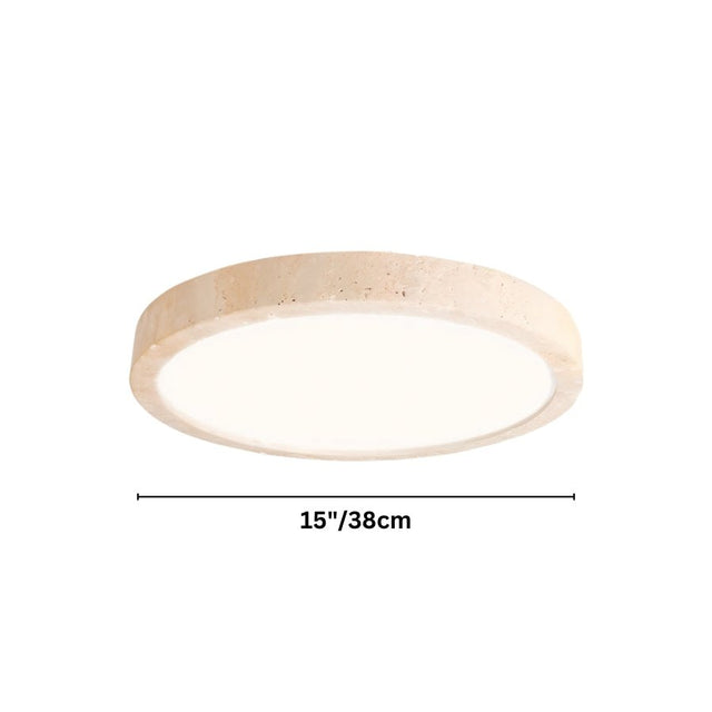"Dimensions of a minimalist, natural travertine ceiling light with a frosted acrylic diffuser."
