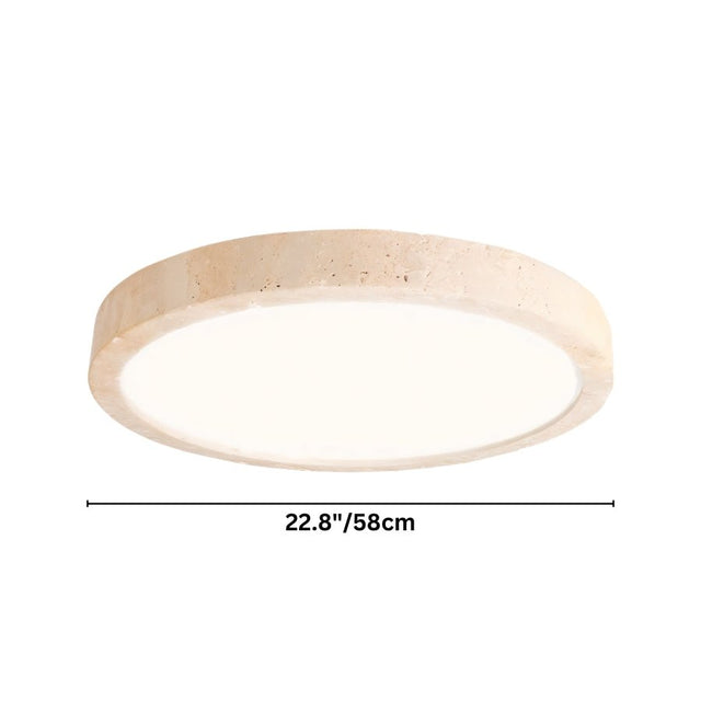 "Dimensions of a minimalist, natural travertine ceiling light with a frosted acrylic diffuser."