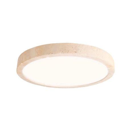 "A minimalist, natural travertine ceiling light with a frosted acrylic diffuser, isolated on a white background."