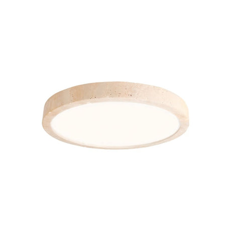 "A minimalist, natural travertine ceiling light with a frosted acrylic diffuser, suitable for modern living spaces."