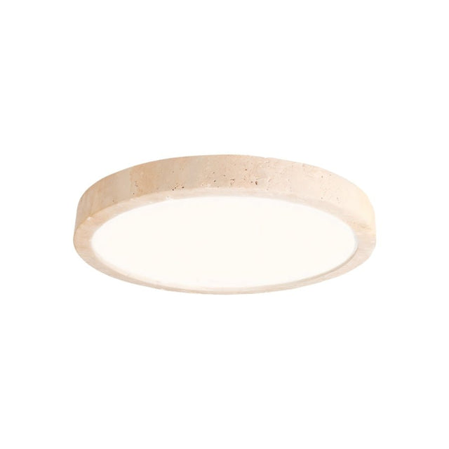 "A minimalist, natural travertine Richna ceiling light with a frosted acrylic diffuser on a white background."