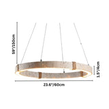 "Dimensions diagram of a circular chandelier made of travertine, iron, and acrylic with hemp rope suspension, showing measurements."