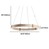 "Dimensions diagram of a travertine circular chandelier with iron and acrylic accents, suspended by hemp ropes and showing measurements."