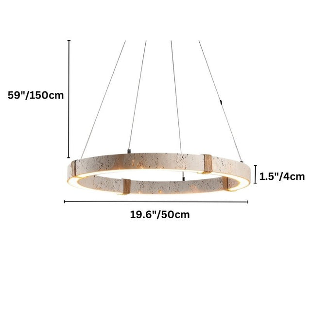 "Dimensions diagram of a travertine circular chandelier with iron and acrylic accents, suspended by hemp ropes and showing measurements."