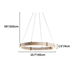"Dimensions diagram of a modern circular chandelier with travertine and iron accents, an integrated LED strip, and hemp rope suspension, showing measurements."