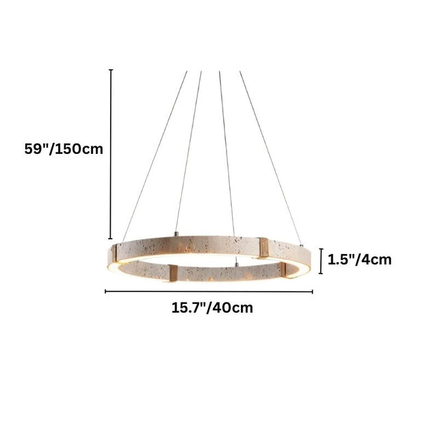 "Dimensions diagram of a modern circular chandelier with travertine and iron accents, an integrated LED strip, and hemp rope suspension, showing measurements."