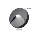 "Dimensions of a sleek, round step light with a minimalist design, featuring a durable plastic body and clear acrylic diffuser, suitable for indoor and outdoor spaces."