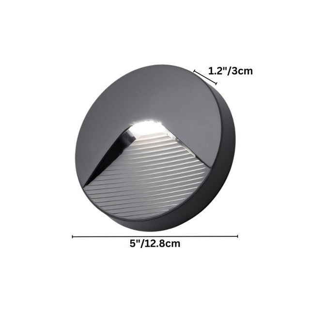 "Dimensions of a sleek, round step light with a minimalist design, featuring a durable plastic body and clear acrylic diffuser, suitable for indoor and outdoor spaces."