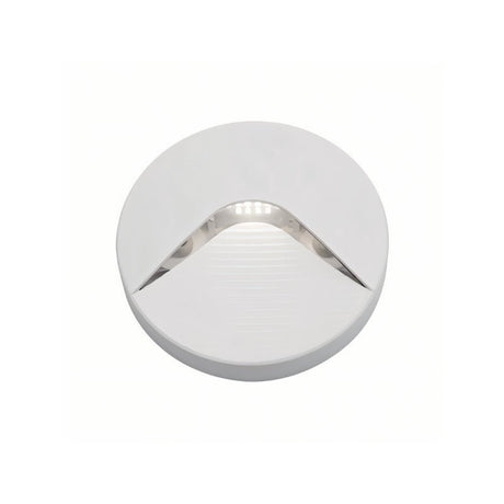"A sleek, round step light with a minimalist design, featuring a durable plastic body and clear acrylic diffuser, providing a soft, focused downward glow."