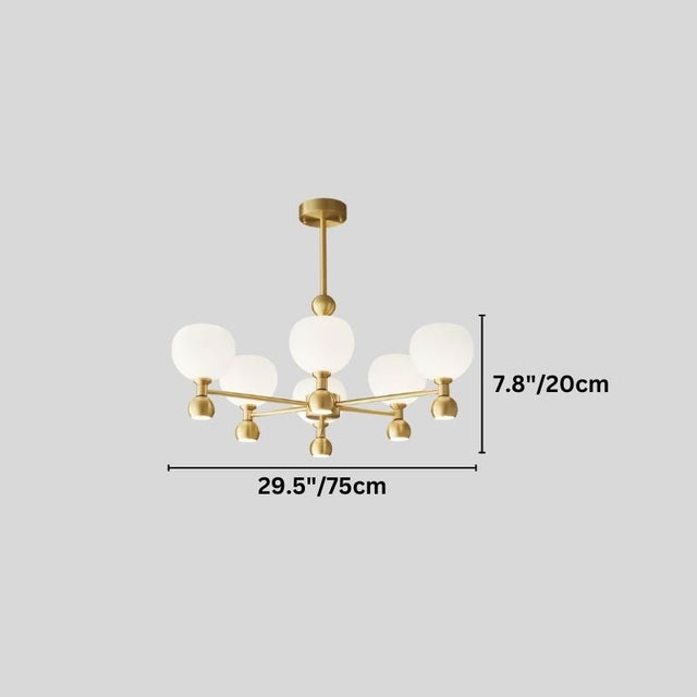 "A 6-light gold sputnik chandelier with frosted glass globes, showing dimensions of 29.5 inches in width and 7.8 inches in globe diameter."