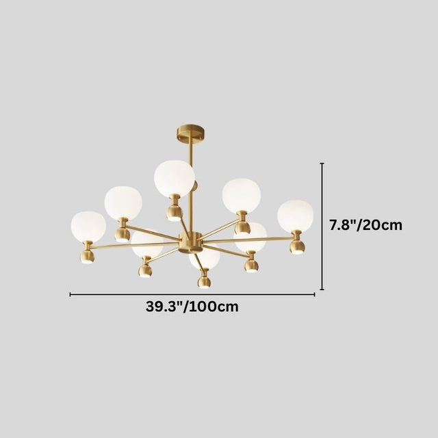 "An 8-light gold sputnik chandelier with frosted glass globes, showing dimensions of 39.3 inches in width and 7.8 inches in globe diameter."